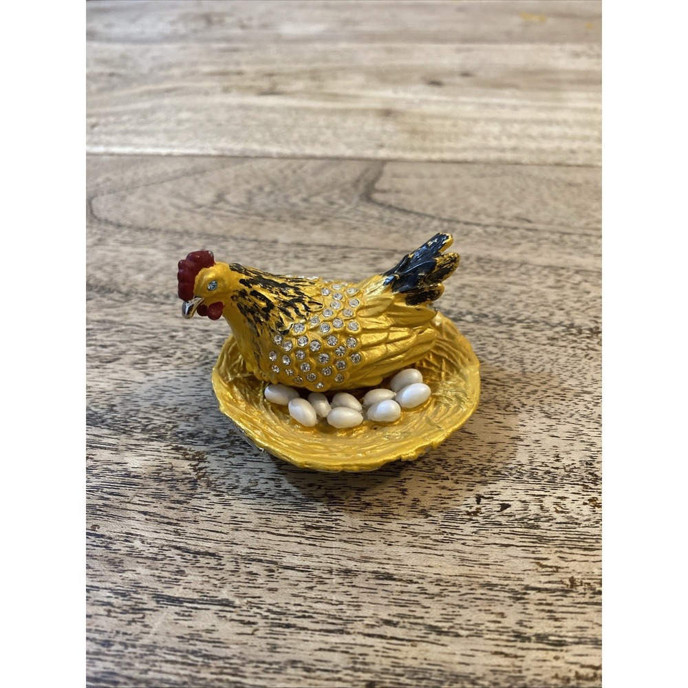 Bejeweled Hen in Nest With Eggs Hinged Metal Enameled Rhinestone Trinket Box